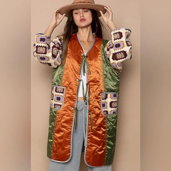 #027 Last 1!! M/L POL cardigan in quilted woven with textured knit patch point - Picture 4 of 6